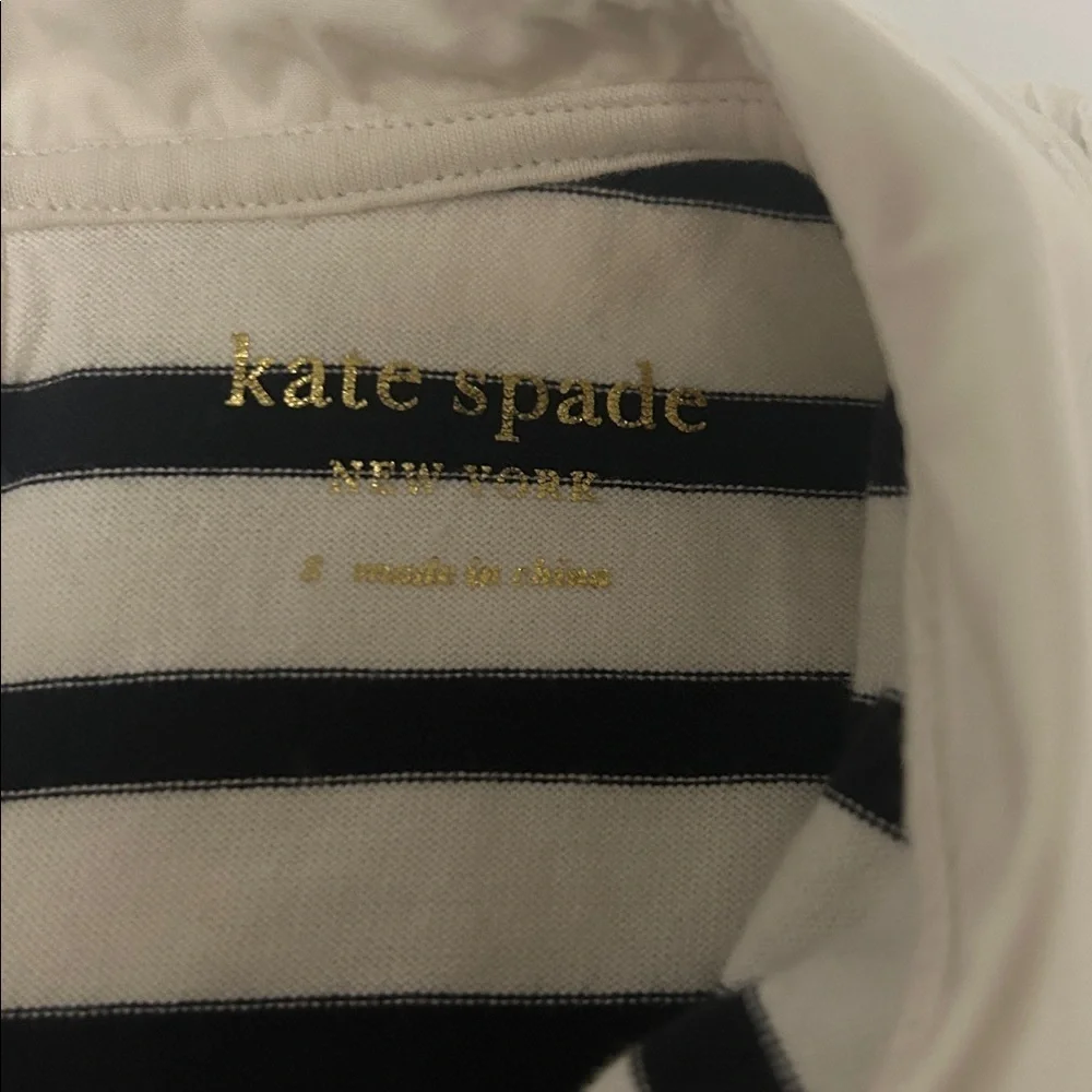 Kate Spade Navy and Cream Long Sleeve Striped Cotton Dress with Ruffle Collar